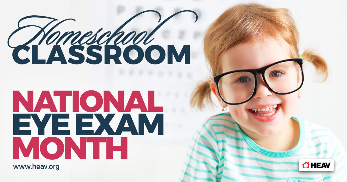 homeschool classroom national eye exam month - cute piggy tailed girl smiling with large black glasses