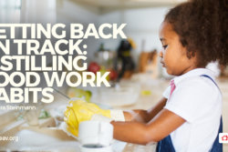 getting back on track instilling good work habits-School-age girl washing dishes with yellow rubber gloves