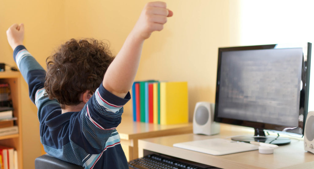 member benefit boy on computer success arms in air