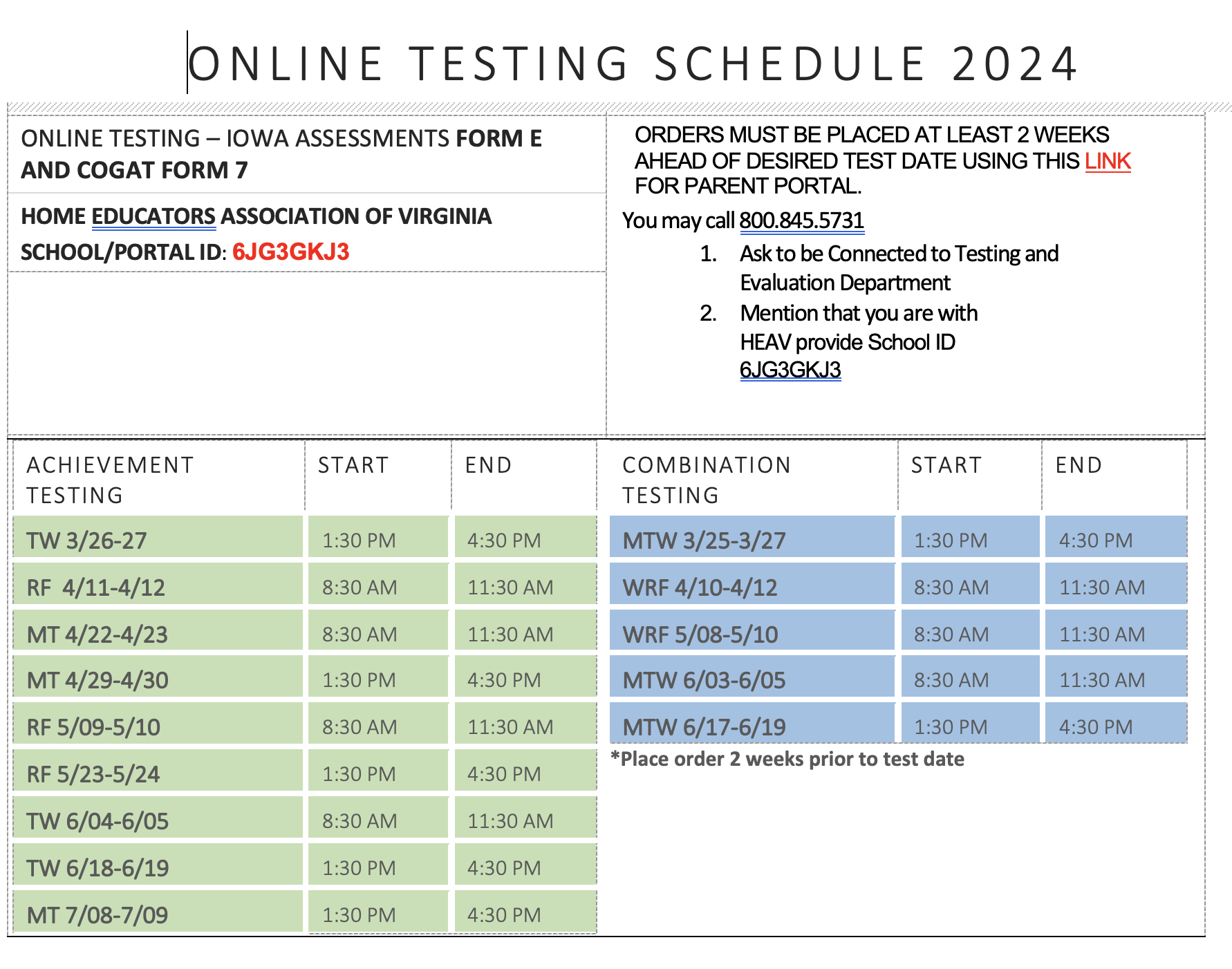 Schedule for BJU Online Testing Page
